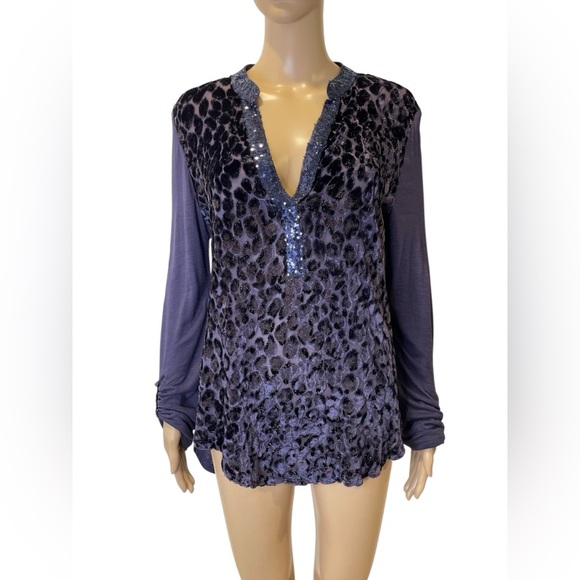 Anthropologie Tiny Vaha Blue Burnout Velvet Leopard Top Sequin  size S - Picture 1 of 6